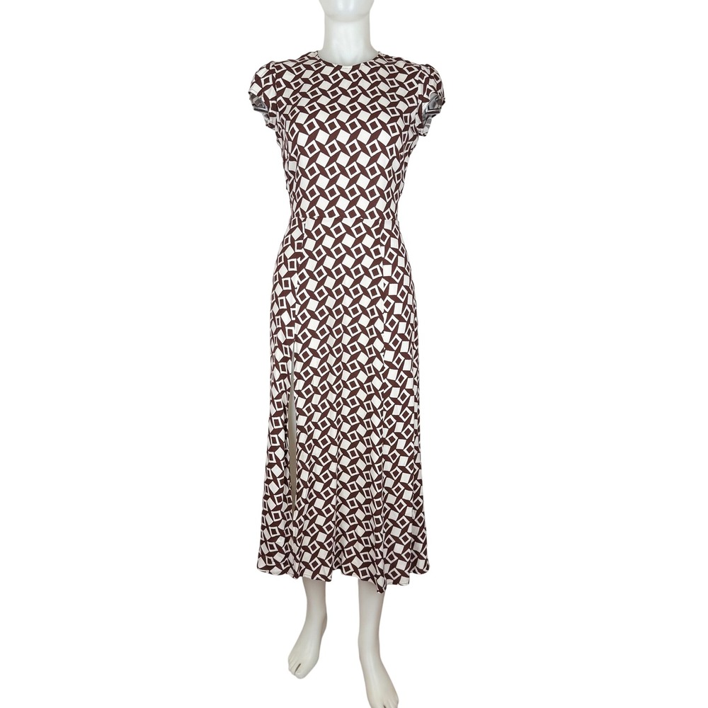 Reformation Brown White Geometric Diamond Open Back Midi Dress Size 4 Slit